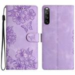 For Sony Xperia 10 V Cherry Blossom Butterfly Skin Feel Embossed PU Phone Case(Purple)