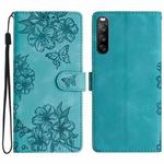 For Sony Xperia 10 V Cherry Blossom Butterfly Skin Feel Embossed PU Phone Case(Green)