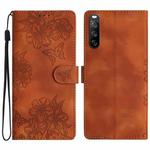 For Sony Xperia 10 V Cherry Blossom Butterfly Skin Feel Embossed PU Phone Case(Brown)