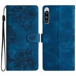 For Sony Xperia 5 Cherry Blossom Butterfly Skin Feel Embossed PU Phone Case(Blue)