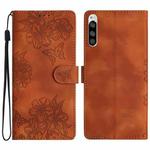 For Sony Xperia 5 Cherry Blossom Butterfly Skin Feel Embossed PU Phone Case(Brown)
