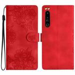 For Sony Xperia 1 IV Cherry Blossom Butterfly Skin Feel Embossed PU Phone Case(Red)