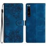 For Sony Xperia 1 IV Cherry Blossom Butterfly Skin Feel Embossed PU Phone Case(Blue)