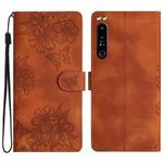 For Sony Xperia 1 IV Cherry Blossom Butterfly Skin Feel Embossed PU Phone Case(Brown)