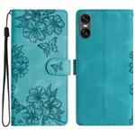 For Sony Xperia 10 VI Cherry Blossom Butterfly Skin Feel Embossed PU Phone Case(Green)