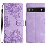 For Google Pixel 6a Cherry Blossom Butterfly Skin Feel Embossed PU Phone Case(Purple)