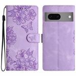 For Google Pixel 7 5G Cherry Blossom Butterfly Skin Feel Embossed PU Phone Case(Purple)