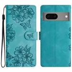 For Google Pixel 7 5G Cherry Blossom Butterfly Skin Feel Embossed PU Phone Case(Green)