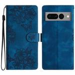 For Google Pixel 7 Pro 5G Cherry Blossom Butterfly Skin Feel Embossed PU Phone Case(Blue)