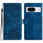 For Google Pixel 8 Cherry Blossom Butterfly Skin Feel Embossed PU Phone Case(Blue)
