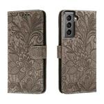 For Samsung Galaxy S21 Lace Flower Embossing Flip Leather Phone Case(Grey)