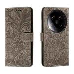 For Xiaomi 14 Ultra Lace Flower Embossing Flip Leather Phone Case(Grey)