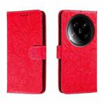 For Xiaomi 14 Ultra Lace Flower Embossing Flip Leather Phone Case(Red)