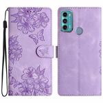 For Motorola Moto G60 4G Cherry Blossom Butterfly Skin Feel Embossed PU Phone Case(Purple)