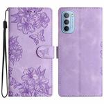 For Motorola Moto G62 5G Cherry Blossom Butterfly Skin Feel Embossed PU Phone Case(Purple)