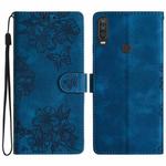 For Motorola One Action Cherry Blossom Butterfly Skin Feel Embossed PU Phone Case(Blue)