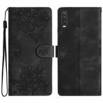 For Motorola One Action Cherry Blossom Butterfly Skin Feel Embossed PU Phone Case(Black)