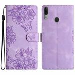 For Motorola Moto E6 Plus Cherry Blossom Butterfly Skin Feel Embossed PU Phone Case(Purple)