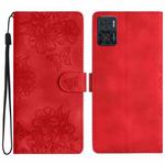 For Motorola Moto E22 Cherry Blossom Butterfly Skin Feel Embossed PU Phone Case(Red)