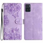 For Motorola Moto E22 Cherry Blossom Butterfly Skin Feel Embossed PU Phone Case(Purple)