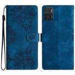 For Motorola Moto E22 Cherry Blossom Butterfly Skin Feel Embossed PU Phone Case(Blue)