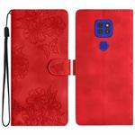 For Motorola Moto E7 Plus Cherry Blossom Butterfly Skin Feel Embossed PU Phone Case(Red)