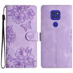 For Motorola Moto E7 Plus Cherry Blossom Butterfly Skin Feel Embossed PU Phone Case(Purple)