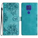 For Motorola Moto E7 Plus Cherry Blossom Butterfly Skin Feel Embossed PU Phone Case(Green)