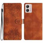 For Motorola Moto G13 Cherry Blossom Butterfly Skin Feel Embossed PU Phone Case(Brown)