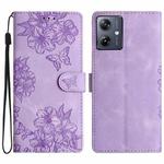 For Motorola Moto G54 5G Cherry Blossom Butterfly Skin Feel Embossed PU Phone Case(Purple)