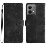 For Motorola Moto G84 5G Cherry Blossom Butterfly Skin Feel Embossed PU Phone Case(Black)