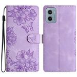 For Motorola Moto E15 Cherry Blossom Butterfly Skin Feel Embossed PU Phone Case(Purple)