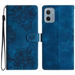 For Motorola Moto E15 Cherry Blossom Butterfly Skin Feel Embossed PU Phone Case(Blue)