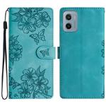 For Motorola Moto E15 Cherry Blossom Butterfly Skin Feel Embossed PU Phone Case(Green)