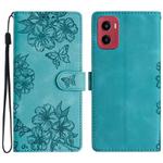 For Motorola Moto G05 Cherry Blossom Butterfly Skin Feel Embossed PU Phone Case(Green)
