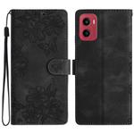For Motorola Moto G05 Cherry Blossom Butterfly Skin Feel Embossed PU Phone Case(Black)