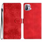 For Xiaomi Mi 11 Pro Cherry Blossom Butterfly Skin Feel Embossed PU Phone Case(Red)