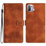 For Xiaomi Mi 11 Pro Cherry Blossom Butterfly Skin Feel Embossed PU Phone Case(Brown)