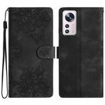 For Xiaomi 12 Pro Cherry Blossom Butterfly Skin Feel Embossed PU Phone Case(Black)