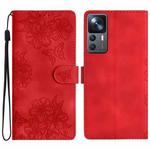 For Xiaomi 12T / 12T Pro Cherry Blossom Butterfly Skin Feel Embossed PU Phone Case(Red)
