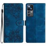 For Xiaomi 12T / 12T Pro Cherry Blossom Butterfly Skin Feel Embossed PU Phone Case(Blue)