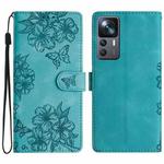 For Xiaomi 12T / 12T Pro Cherry Blossom Butterfly Skin Feel Embossed PU Phone Case(Green)