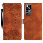 For Xiaomi 12T / 12T Pro Cherry Blossom Butterfly Skin Feel Embossed PU Phone Case(Brown)