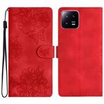 For Xiaomi 13 Cherry Blossom Butterfly Skin Feel Embossed PU Phone Case(Red)