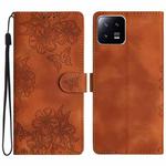 For Xiaomi 13 Cherry Blossom Butterfly Skin Feel Embossed PU Phone Case(Brown)