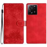 For Xiaomi 13T 5G Cherry Blossom Butterfly Skin Feel Embossed PU Phone Case(Red)