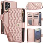 For Samsung Galaxy S25 Ultra 5G YM016 Rhombic Zipper Card Wallet Leather Phone Case with Lanyard(Rose Gold)