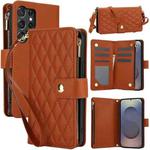For Samsung Galaxy S25 Ultra 5G YM016 Rhombic Zipper Card Wallet Leather Phone Case with Lanyard(Brown)