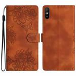 For Xiaomi Redmi 9A Cherry Blossom Butterfly Skin Feel Embossed PU Phone Case(Brown)