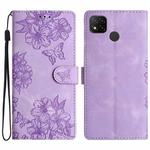 For Xiaomi Redmi 10A Cherry Blossom Butterfly Skin Feel Embossed PU Phone Case(Purple)